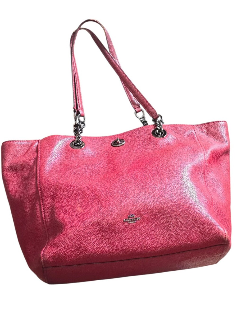 Coach Dark Red Pebbled Turnlock Leather Tote Bag - Signature Chain Strap 56830